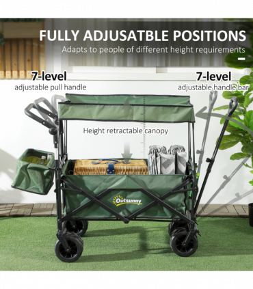Outsunny Outdoor Push Pull Wagon Stroller Cart with Canopy Top Green