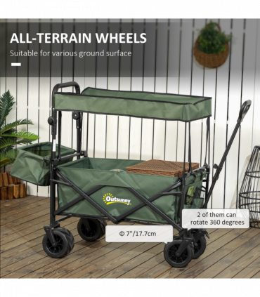 Outsunny Outdoor Push Pull Wagon Stroller Cart with Canopy Top Green
