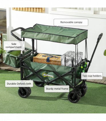 Outsunny Outdoor Push Pull Wagon Stroller Cart with Canopy Top Green