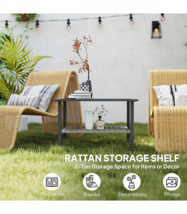 Outsunny Outdoor Rattan Coffee Table, Rectangular Tea Side Table, Mixed-grey