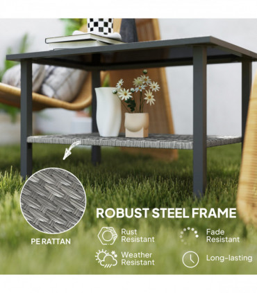 Outsunny Outdoor Rattan Coffee Table, Rectangular Tea Side Table, Mixed-grey