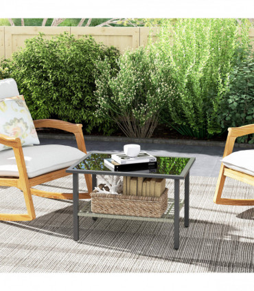 Outsunny Outdoor Rattan Coffee Table, Rectangular Tea Side Table, Mixed-grey
