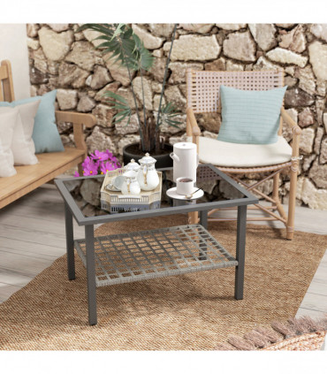 Outsunny Outdoor Rattan Coffee Table, Rectangular Tea Side Table, Mixed-grey