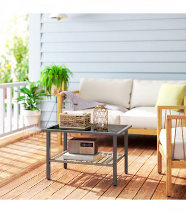 Outsunny Outdoor Rattan Coffee Table, Rectangular Tea Side Table, Mixed-grey