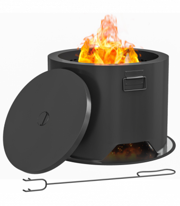 Outsunny Outdoor Round Fire Pit with Lid, Firepit with Fire Poker, Black