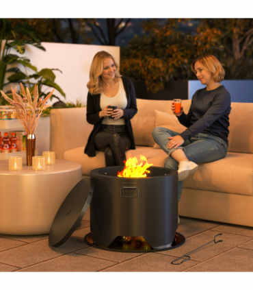 Outsunny Outdoor Round Fire Pit with Lid, Firepit with Fire Poker, Black