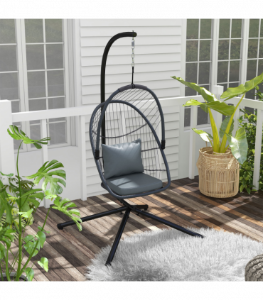 Outsunny PE Hanging Swing Chair w/ Cushion, Patio Hanging Chair, Grey