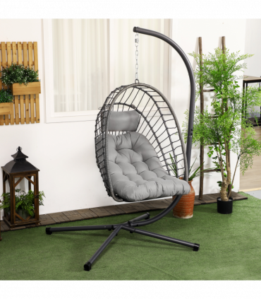 Outsunny PE Hanging Swing Chair w/ Thick Cushion, Patio Hanging Chair, Grey