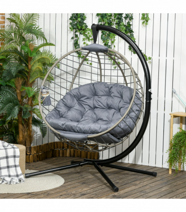 Outsunny PE Rattan Hanging Swing Chair w/ Stand & Cup Holder, Grey