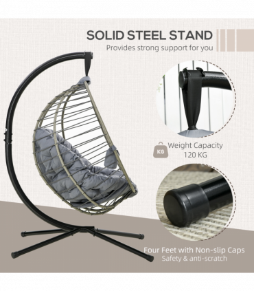 Outsunny PE Rattan Hanging Swing Chair w/ Stand & Cup Holder, Grey