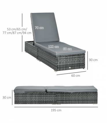 Outsunny Patio Rattan Chaise Lounge Garden Pool Wicker Sun Lounger Adjustable