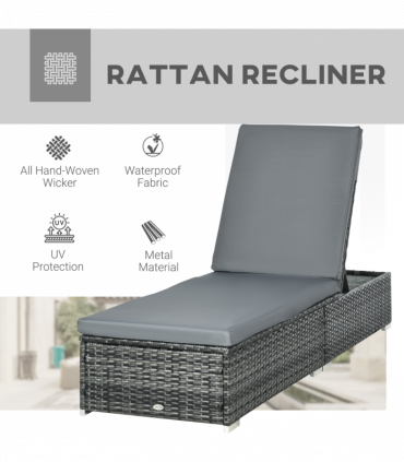 Outsunny Patio Rattan Chaise Lounge Garden Pool Wicker Sun Lounger Adjustable