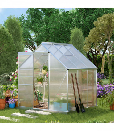 Outsunny Polycarbonate Walk-in Garden Greenhouse w/ Sliding Door Silver Tone