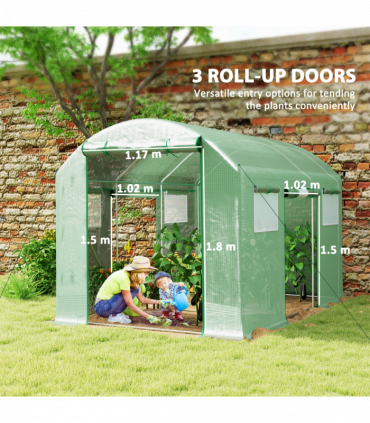 Outsunny Polytunnel Greenhouse with 3 Roll-up Doors, 3 x 2 x 2m, Green