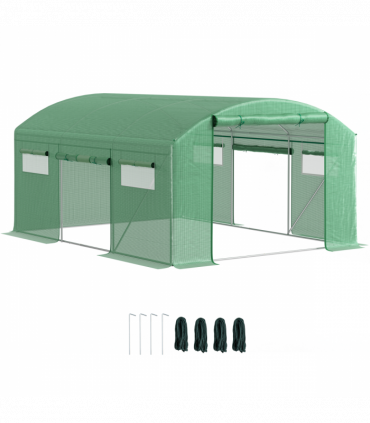 Outsunny Polytunnel Greenhouse with 3 Roll-up Doors, 4 x 3 x 2m, Green