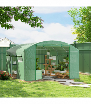 Outsunny Polytunnel Greenhouse with 3 Roll-up Doors, 4 x 3 x 2m, Green