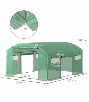 Outsunny Polytunnel Greenhouse with 3 Roll-up Doors, 4 x 3 x 2m, Green