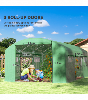 Outsunny Polytunnel Greenhouse with 3 Roll-up Doors, 4 x 3 x 2m, Green