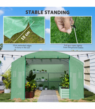 Outsunny Polytunnel Greenhouse with 3 Roll-up Doors, 4 x 3 x 2m, Green