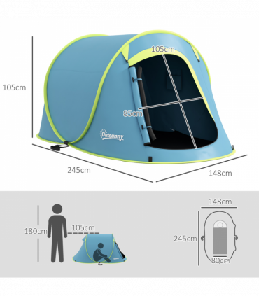 Outsunny Pop up Camping Tent for 2 Man, 2000mm Waterproof with Carry Bag, Blue