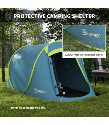 Outsunny Pop up Camping Tent for 2 Man, 2000mm Waterproof with Carry Bag, Blue