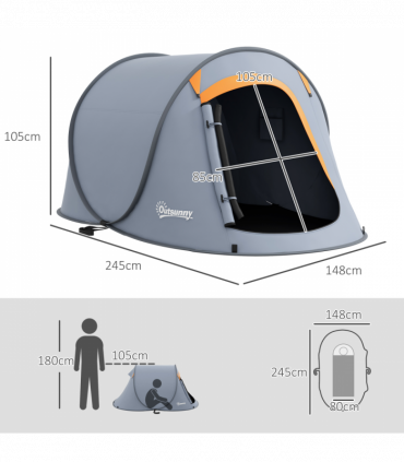 Outsunny Pop up Camping Tent for 2 Man, 2000mm Waterproof with Carry Bag, Grey