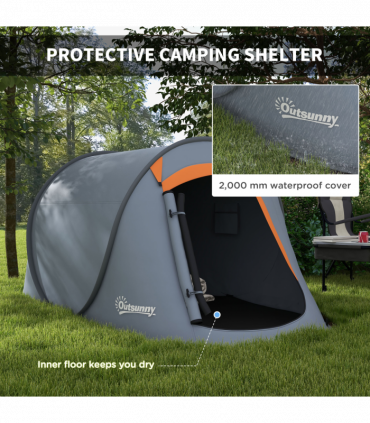 Outsunny Pop up Camping Tent for 2 Man, 2000mm Waterproof with Carry Bag, Grey