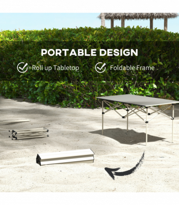 Outsunny Portable Camping Table with Roll Up Top, Khaki