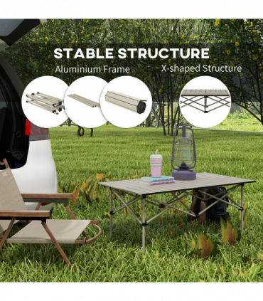 Outsunny Portable Camping Table with Roll Up Top, Khaki