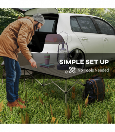 Outsunny Portable Camping Table with Roll Up Top, Khaki