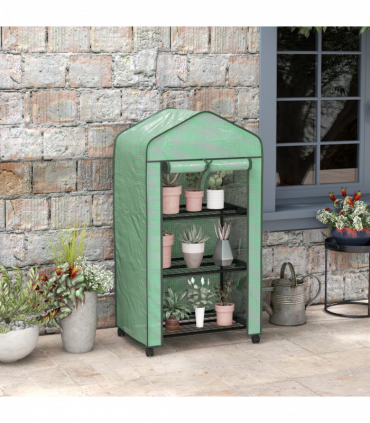 Outsunny Portable Mini Greenhouse with Roll-up Door and Wheels, Green