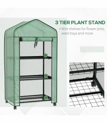 Outsunny Portable Mini Greenhouse with Roll-up Door and Wheels, Green