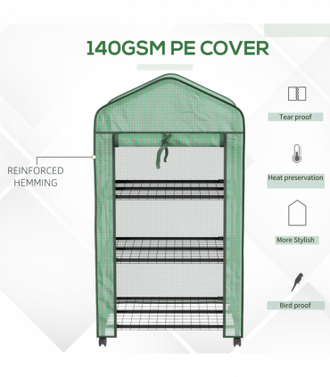 Outsunny Portable Mini Greenhouse with Roll-up Door and Wheels, Green