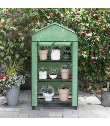Outsunny Portable Mini Greenhouse with Roll-up Door and Wheels, Green