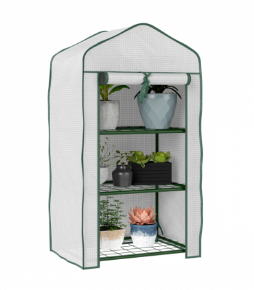 Outsunny Portable Mini Greenhouse with Roll-up Door and Wire Shelves, White