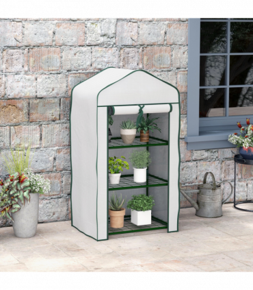 Outsunny Portable Mini Greenhouse with Roll-up Door and Wire Shelves, White