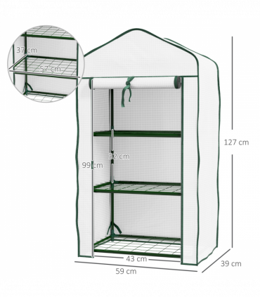 Outsunny Portable Mini Greenhouse with Roll-up Door and Wire Shelves, White