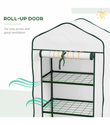Outsunny Portable Mini Greenhouse with Roll-up Door and Wire Shelves, White