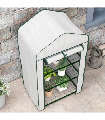 Outsunny Portable Mini Greenhouse with Roll-up Door and Wire Shelves, White