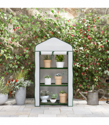 Outsunny Portable Mini Greenhouse with Roll-up Door and Wire Shelves, White