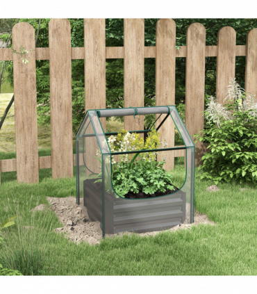 Outsunny Raised Garden Bed Planter Box with Greenhouse, Clear and Dark Grey