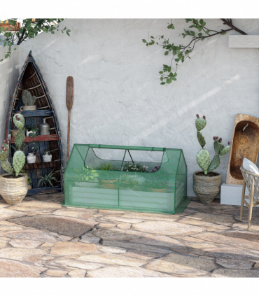 Outsunny Raised Garden Bed Planter Box with Greenhouse, Large Window, Green