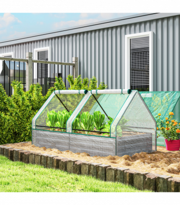 Outsunny Raised Garden Bed Planter Box with Greenhouse, White and Dark Grey