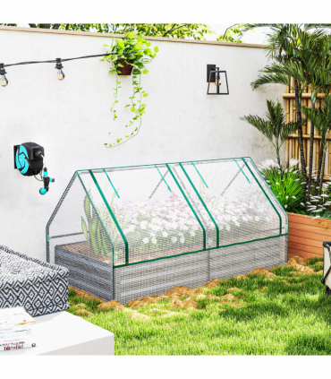 Outsunny Raised Garden Bed Planter Box with Greenhouse, White and Dark Grey