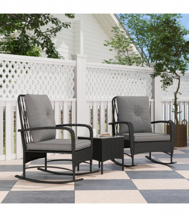 Outsunny Rattan Bistro Set Balcony Furniture with Rocking Chairs, Black