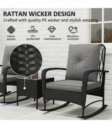 Outsunny Rattan Bistro Set Balcony Furniture with Rocking Chairs, Black