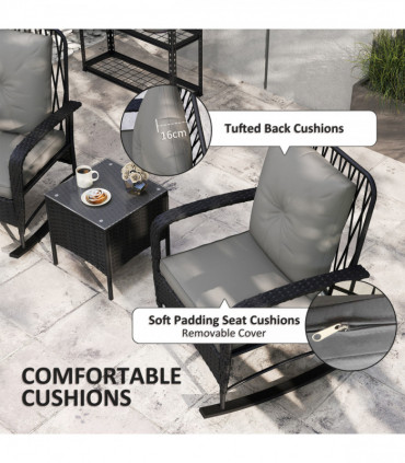 Outsunny Rattan Bistro Set Balcony Furniture with Rocking Chairs, Black