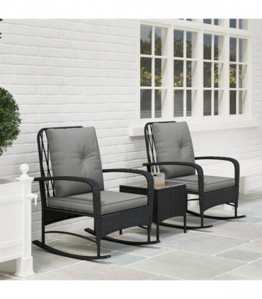 Outsunny Rattan Bistro Set Balcony Furniture with Rocking Chairs, Black