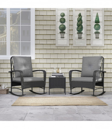 Outsunny Rattan Bistro Set Balcony Furniture with Rocking Chairs, Black
