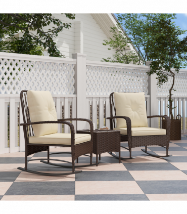 Outsunny Rattan Bistro Set Balcony Furniture with Rocking Chairs, Brown